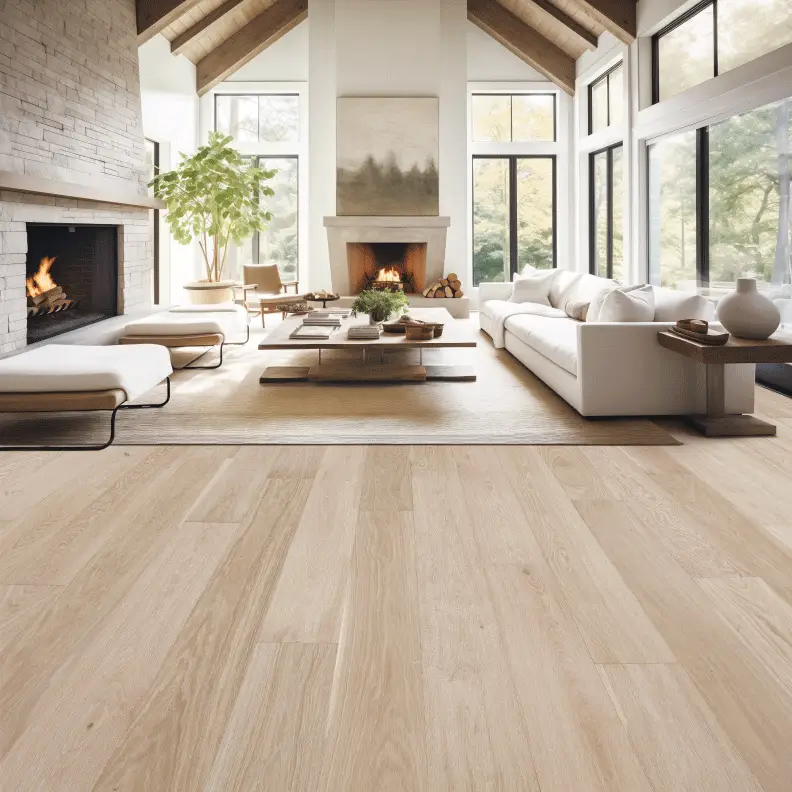 Warm, light wood flooring across a sunlit living room